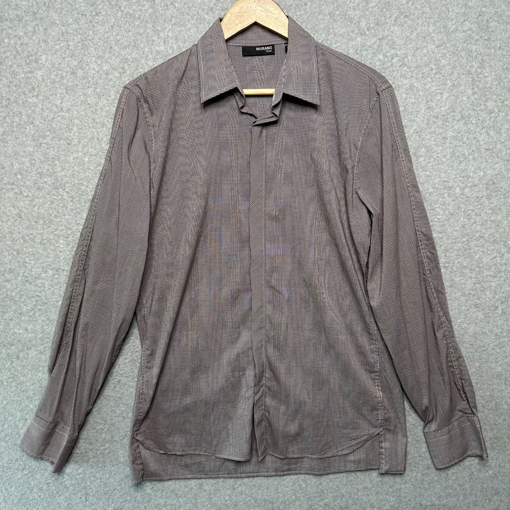 Murano Fitted Mens Brown White Micro Check Long Sleeve Button Down Shirt Size M